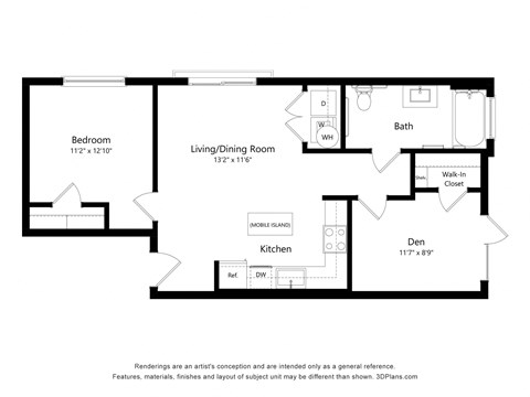 Floor plan for 2 beds, 1 bath, 741 sqft